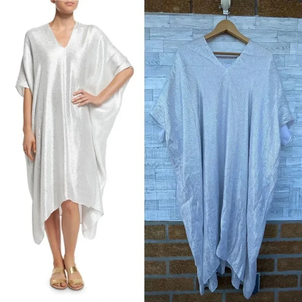 Marie France Van Damme White Bright Boubou silver  caftan dress  one size